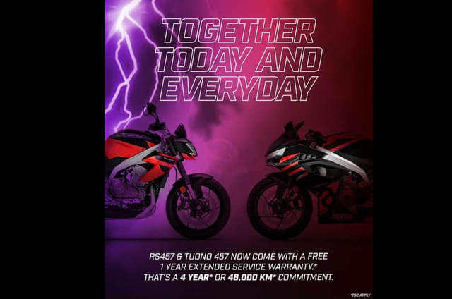 Aprilia RS 457, Tuono 457 now get an extended warranty in...